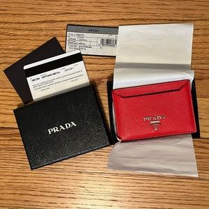 Authentic Prada Saffiano leather card holder in bright coral